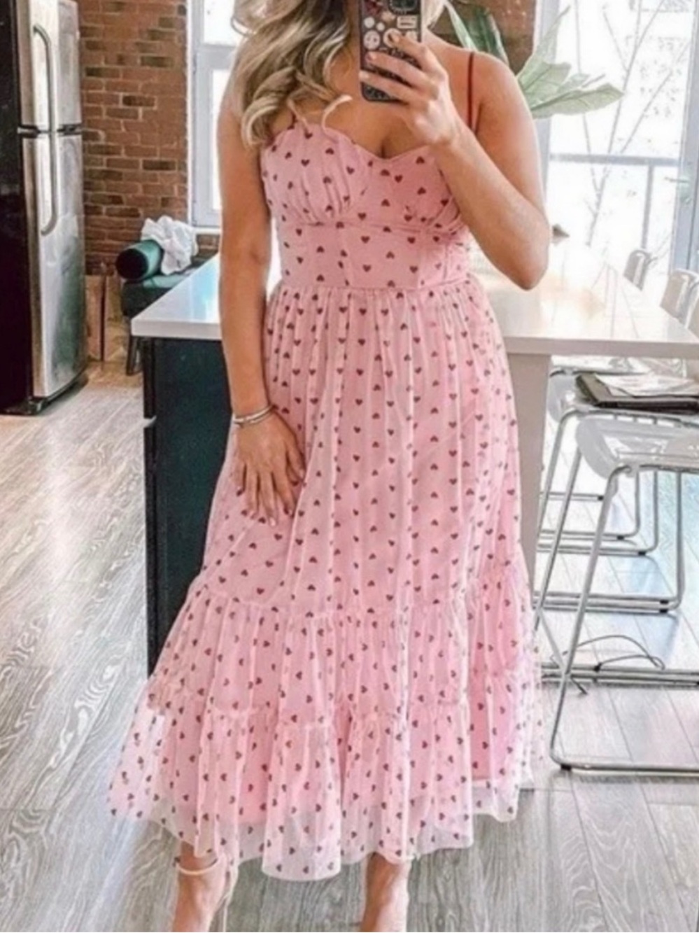 Betsy Johnson Pink Heart Print Midi Sundress with Sweetheart Neckline - Picture 3 of 7